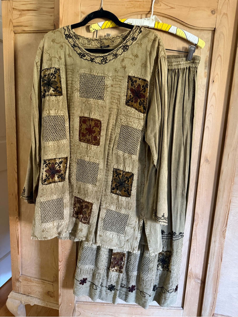 Sacred Threads Olive Green Embroidered Patchwork Tunic & Pants Set